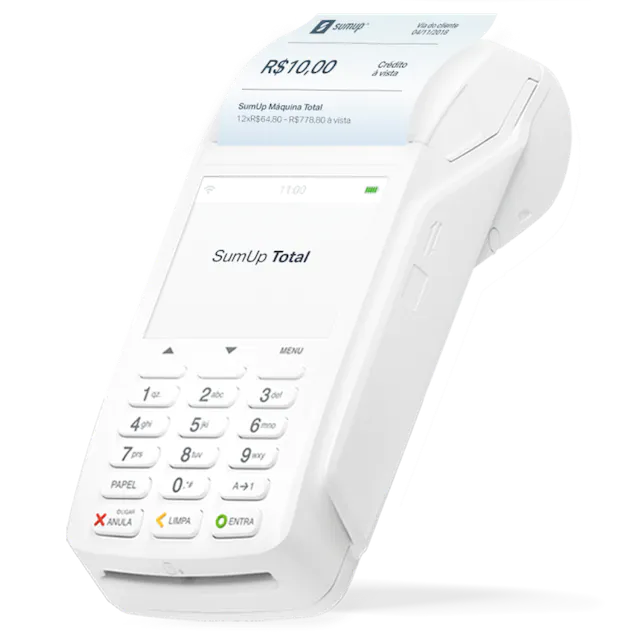 Máquina de pagamentos com teclado físico e impressão de comprovante para cartão de débito e crédito da empresa SumUp.