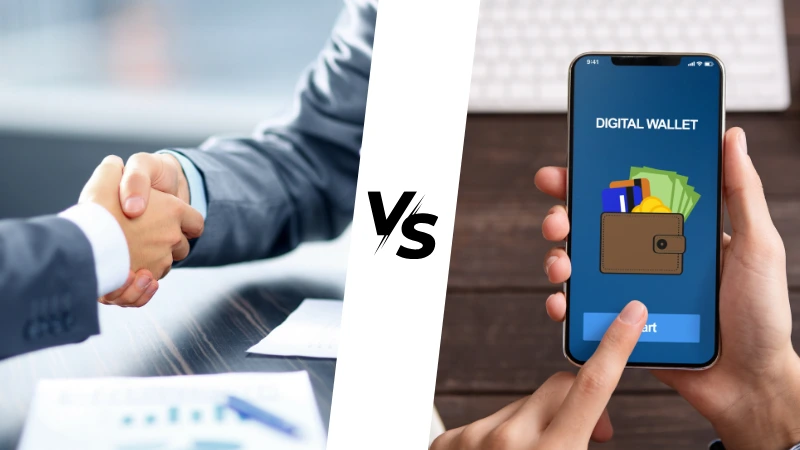 imagem dividida em duas partes representando o atendimento presencial em bancos e do lado direito uma conta digital por celular.